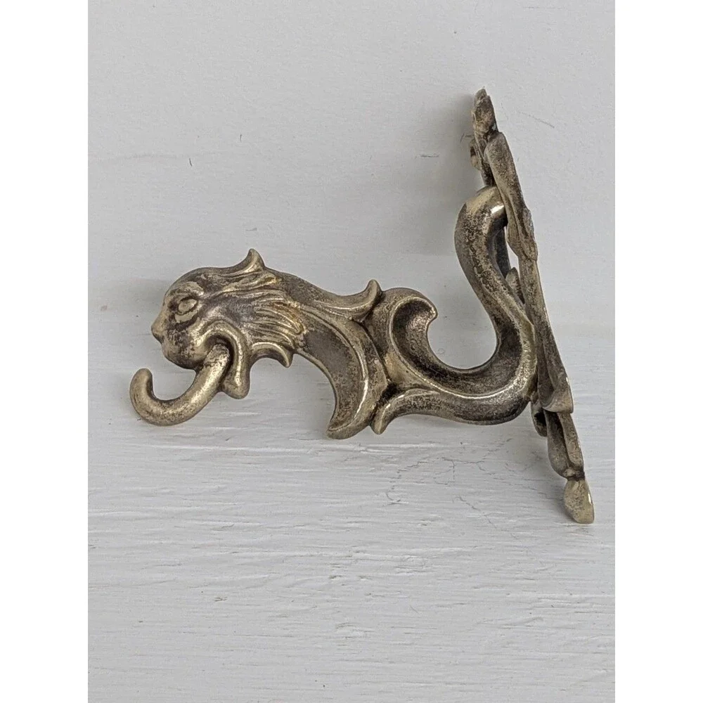 Antique Victorian Cast Brass Lion Gargoyle Wall Hook Coat Hat Gothic Mythical